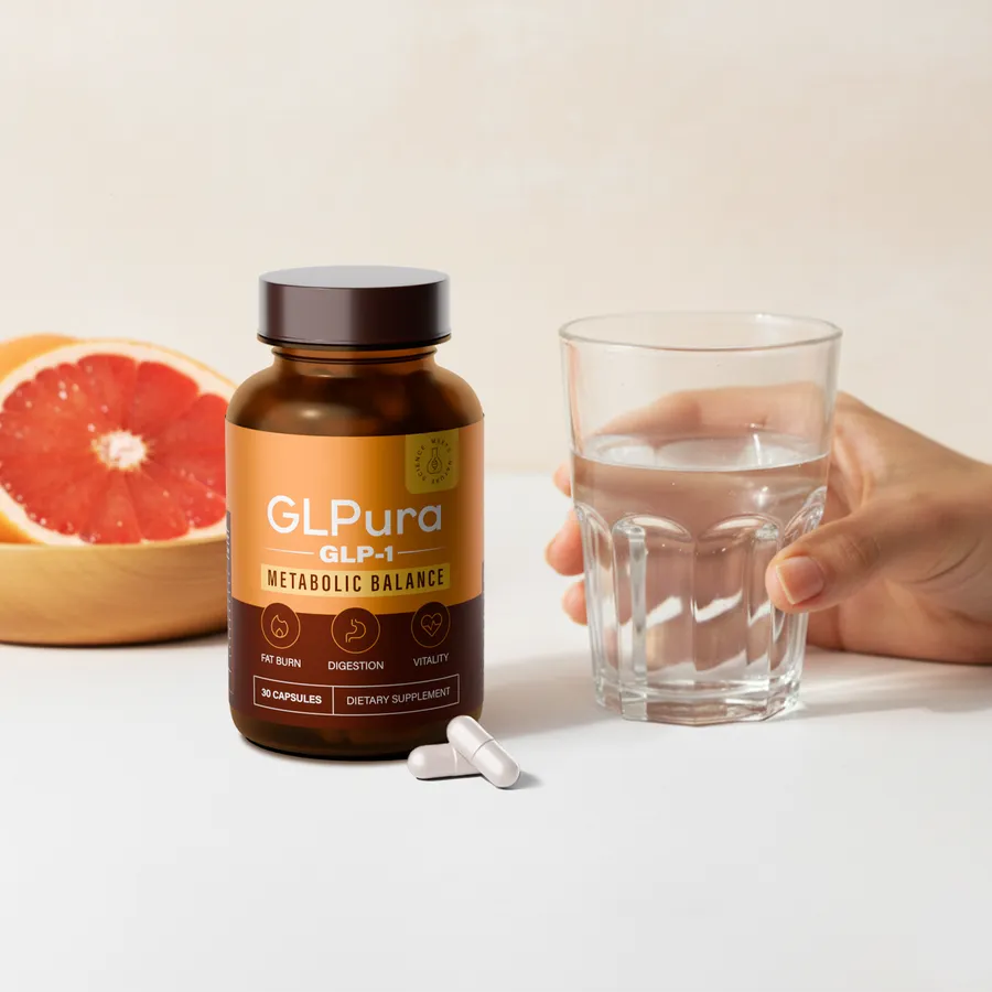 GLPura Flasche neben Grapefruit und einem Glas Wasser